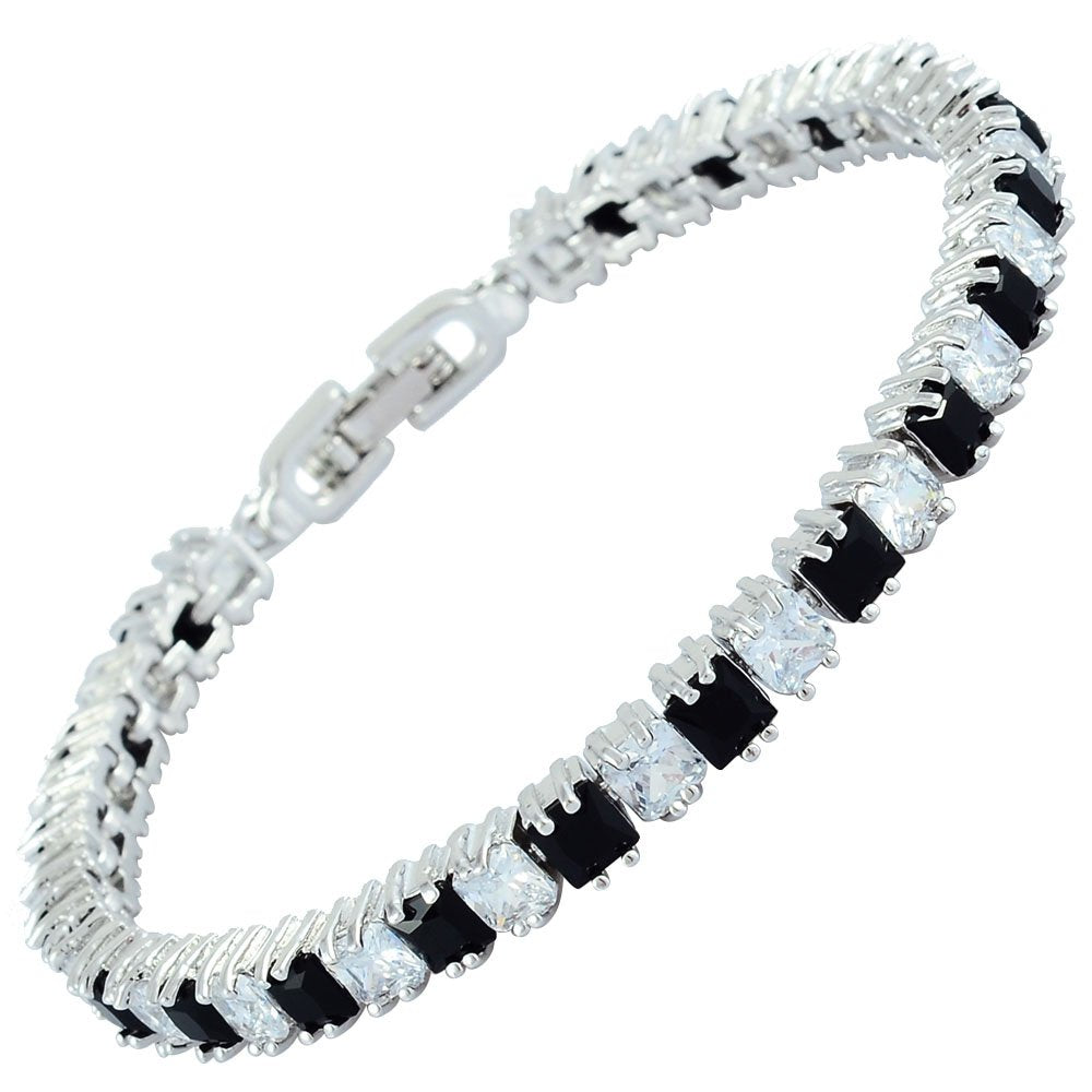 RIZILIA [Ice Cube] Princess Cut Multi-Color CZ 18K White Gold Plated Tennis Bracelet, 7"