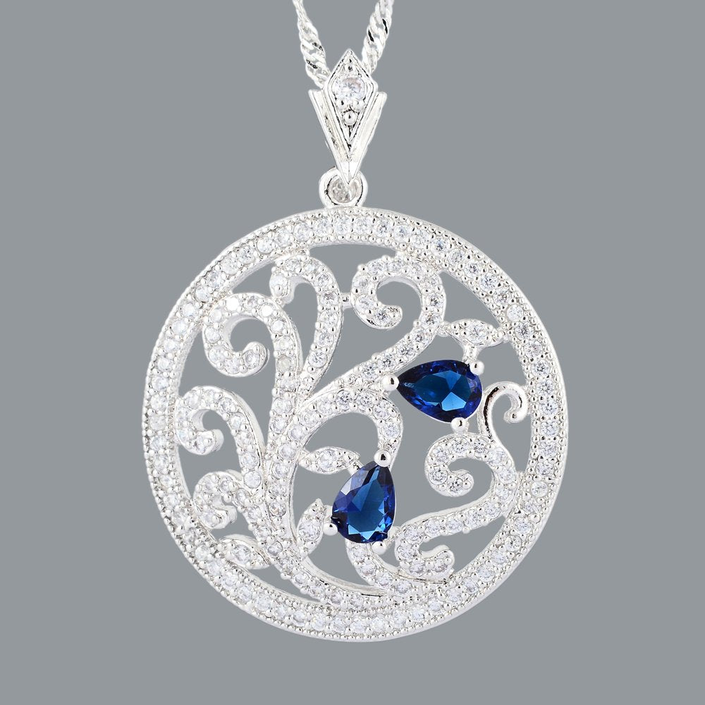 RIZILIA BLOSSOM Flower Vine Pendant with 18" Chain & Pear Cut CZ [5 Colors available] in White Gold Plated, Simple Modern Elegant