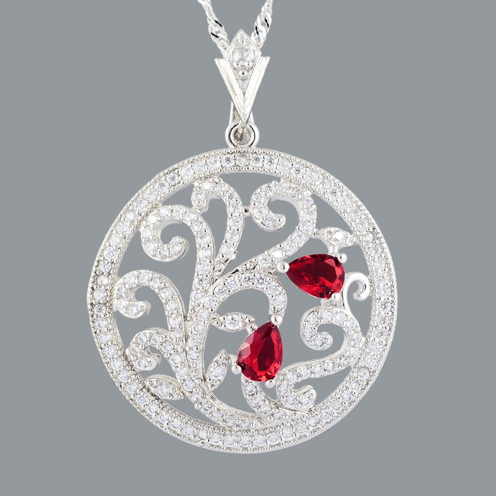 RIZILIA BLOSSOM Flower Vine Pendant with 18" Chain & Pear Cut CZ [5 Colors available] in White Gold Plated, Simple Modern Elegant