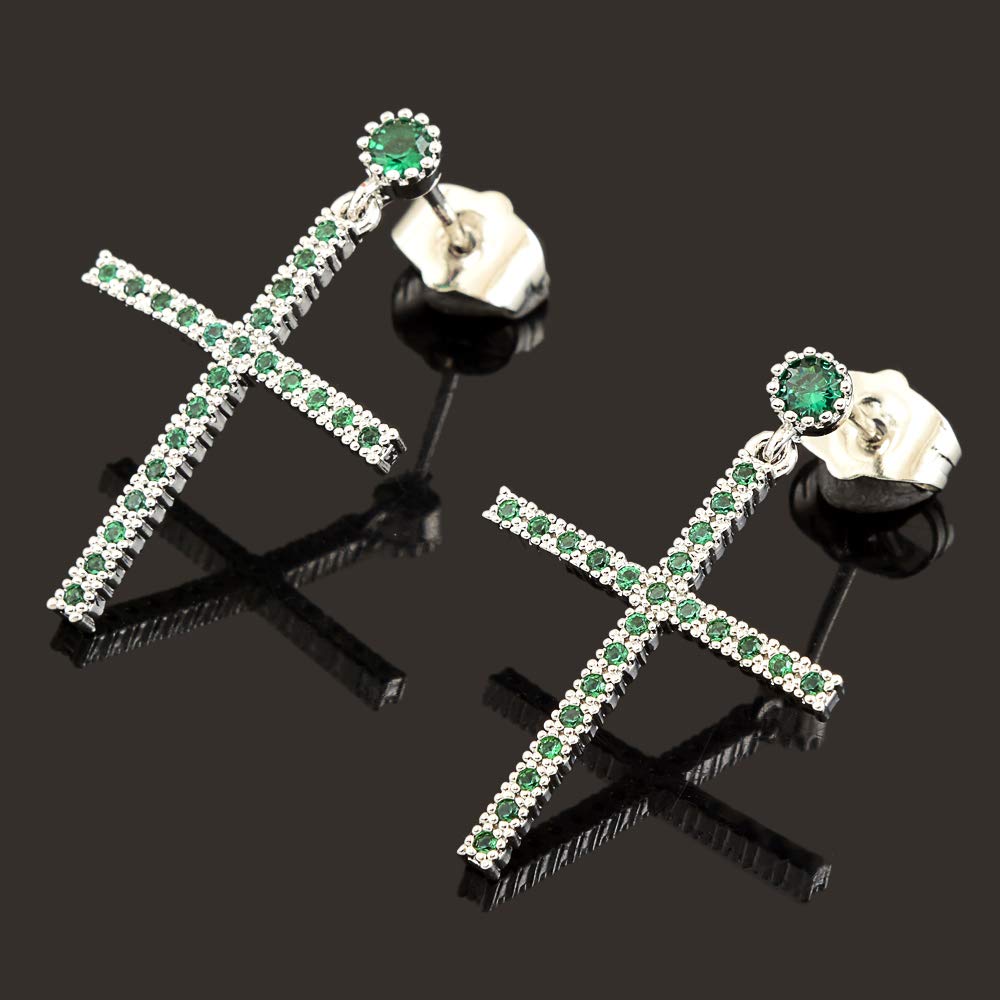 [RIZILIA CROSS] Dangle Drop Pierced Earrings with Round Cut Gemstones CZ [Multi-Colors available] in 18K White Gold Plated, Simple Modern Elegant