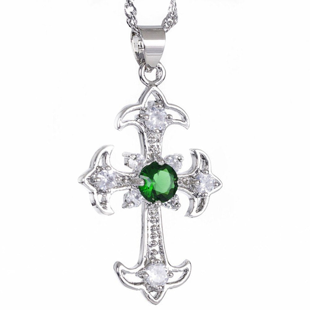 RIZILIA Cross Pendant with 18" Chain & Round Cut CZ [5 Colors available] in White Gold Plated, Simple Modern Elegant