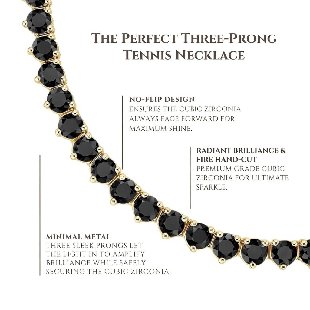 RIZILIA Not-Your-Basic 3mm No-Flip Tennis Necklace for Women - Round Brilliant Cut Gemstone CZ in Black Pink White, 14K Gold Plated, Adjustable 14-18 Inch (Choker, Collar, Princess), Gift Boxed