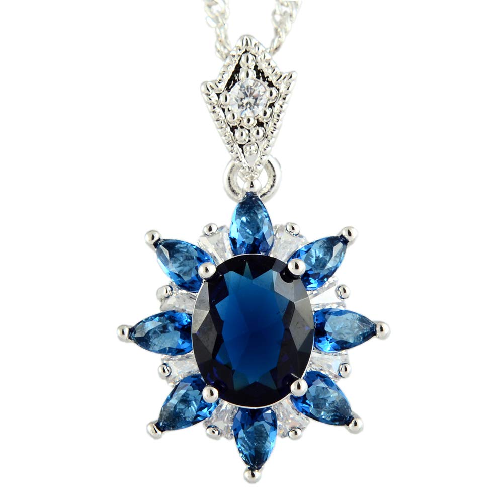 RIZILIA Oval CubicZirconia 18K White Gold Plated Flower Pendant Necklace Curb Chain