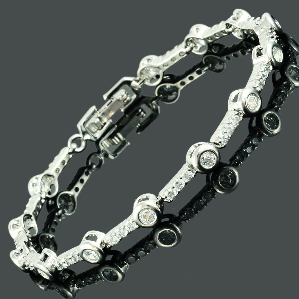 RIZILIA Tennis Bracelet with Round Cut CZ [4 Colors available] in White Gold Plated, 7"