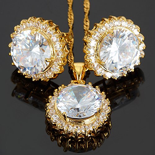 RIZILIA BLOSSOM Jewelry Set Pendant with 18" Chain & Stud Earrings Round Cut CZ [5 Colours available] in Yellow Gold Plated, Simple Modern Elegant