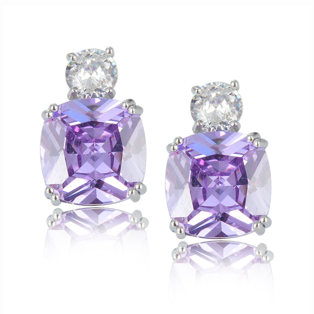 [RIZILIA CLASSIC] Stud Pierced Earrings with Cushion Cut Gemstones CZ [Multi-Colors available] in 18K White Gold Plated, Simple Modern Elegant
