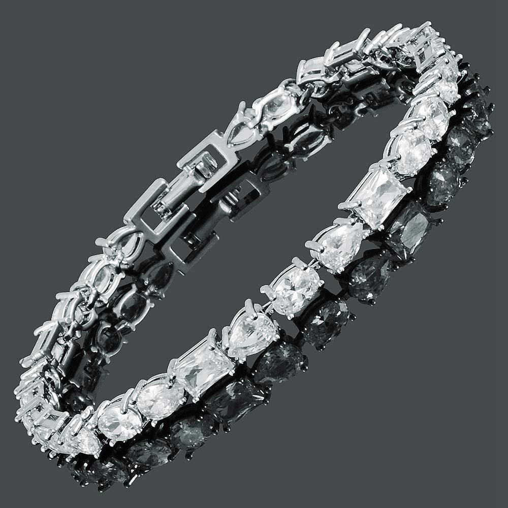 RIZILIA Emerald&Oval&Pear Cut White Cubic Zirconia CZ 18K White Gold Plated Tennis Bracelet, 7"