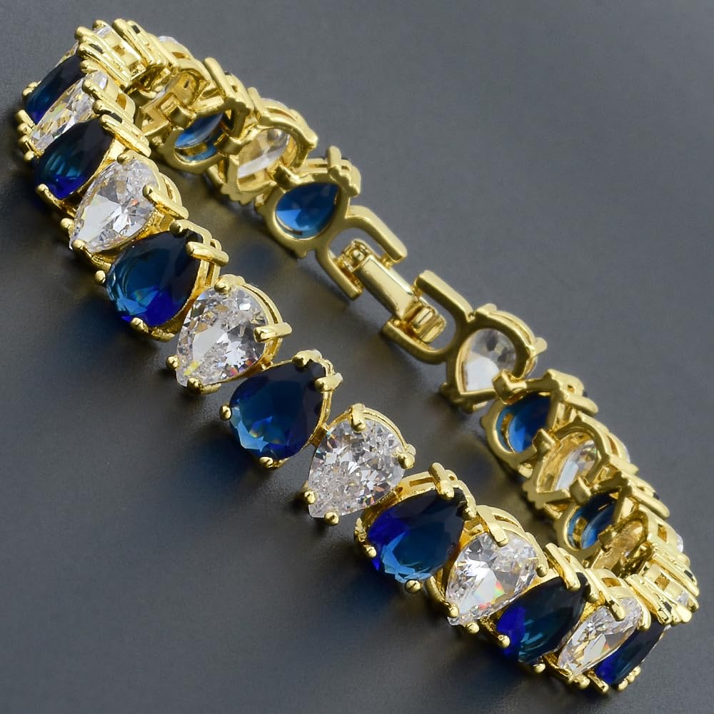 RIZILIA SPECTRUM Trendy Pear-Cut Cubic Zirconia Tennis Bracelet for Women | 14K Gold Plated 6mm Multicolor CZ Stones | 7 Inch Elegant Jewelry Gift for Her