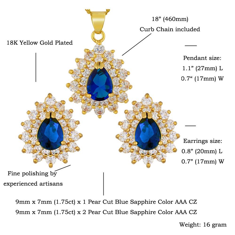 RIZILIA TEARDROP Jewelry Set Pendant with 18" Chain & Stud Earrings Pear Cut CZ in Yellow Gold Plated