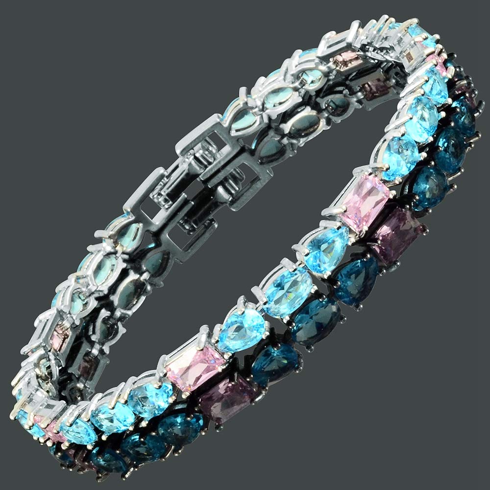 RIZILIA Emerald&Oval&Pear Cut White Cubic Zirconia CZ 18K White Gold Plated Tennis Bracelet, 7"