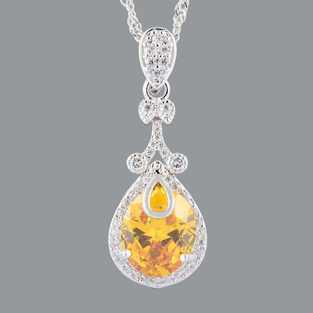 RIZILIA Pendant with 18" Chain & Oval Cut CZ [5 Colors available] in White Gold Plated, Simple Modern Elegant