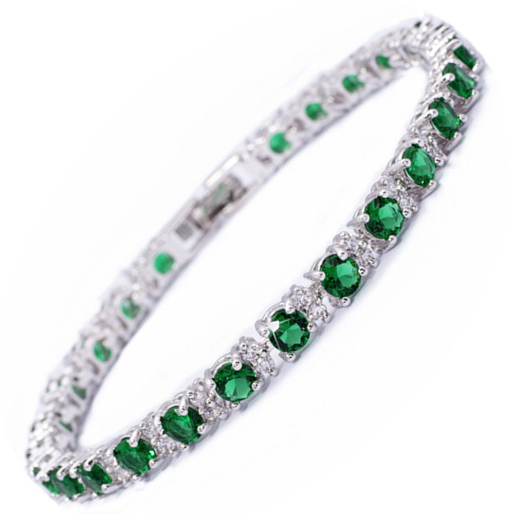 RIZILIA Round Multi-Color CZ Birthstone White Gold Plated Tennis Bracelet, 7"