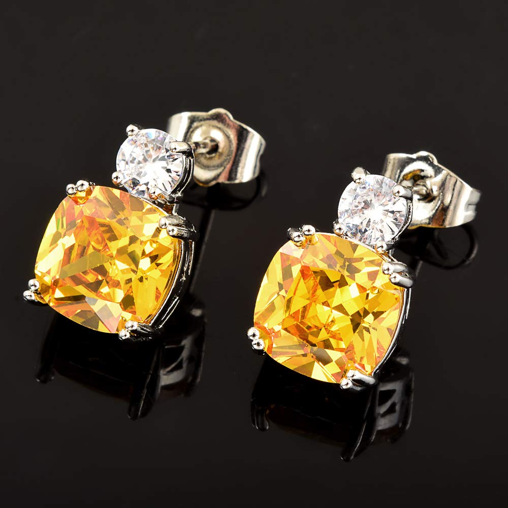 [RIZILIA CLASSIC] Stud Pierced Earrings with Cushion Cut Gemstones CZ [Multi-Colors available] in 18K White Gold Plated, Simple Modern Elegant