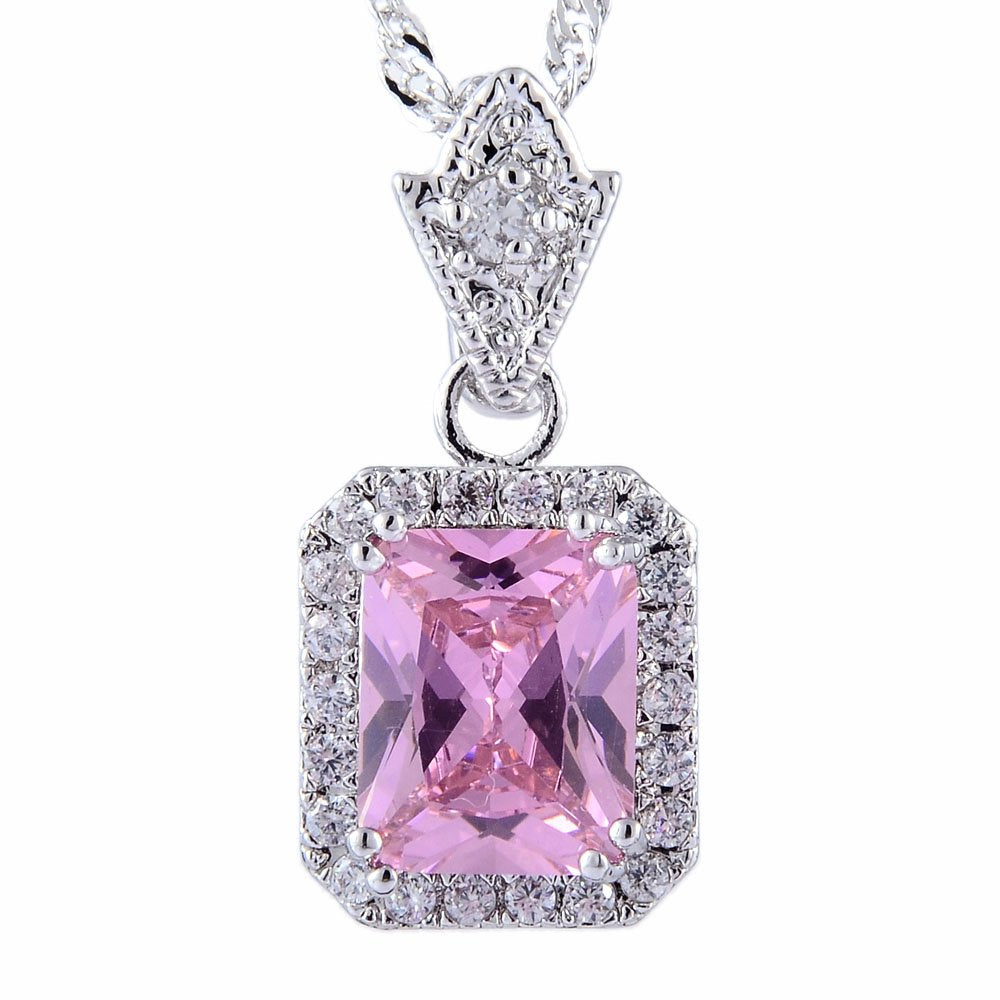 RIZILIA Pendant with 18" Chain & Rectangular Cut CZ [6 Colors available] in White Gold Plated, Simple Modern Elegant