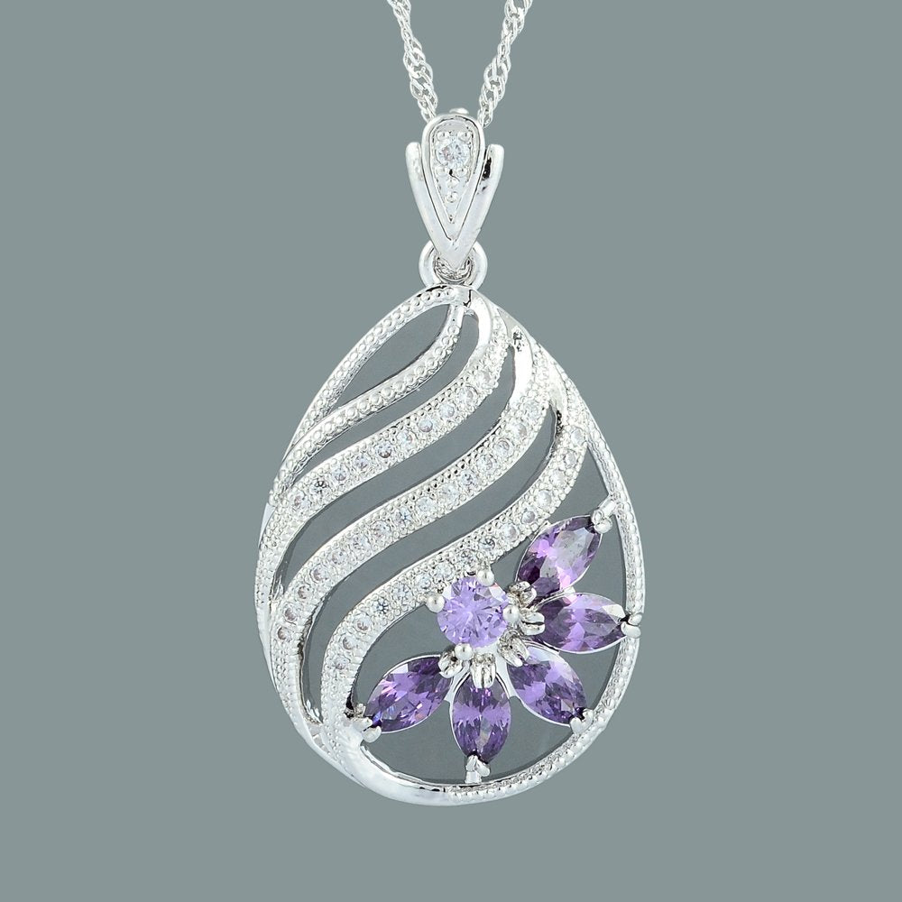RIZILIA BLOSSOM Pendant with 18" Chain & Marquise Cut CZ [5 Colors available] in White Gold Plated, Simple Modern Elegant
