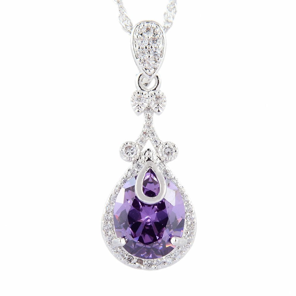 RIZILIA Pendant with 18" Chain & Oval Cut CZ [5 Colors available] in White Gold Plated, Simple Modern Elegant