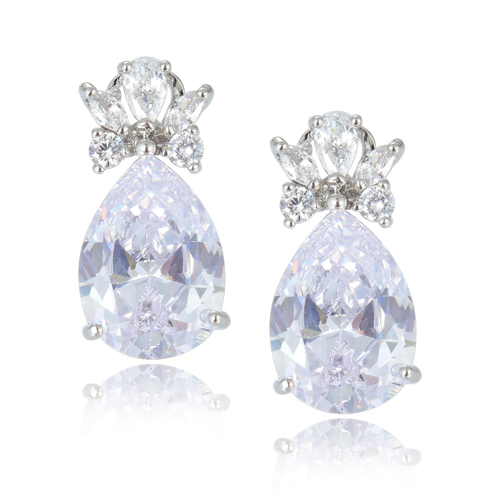 RIZILIA Teardrop Stud Pierced Earrings with Pear Cut CZ [5 Colors available] in White Gold Plated, Simple Modern Elegant