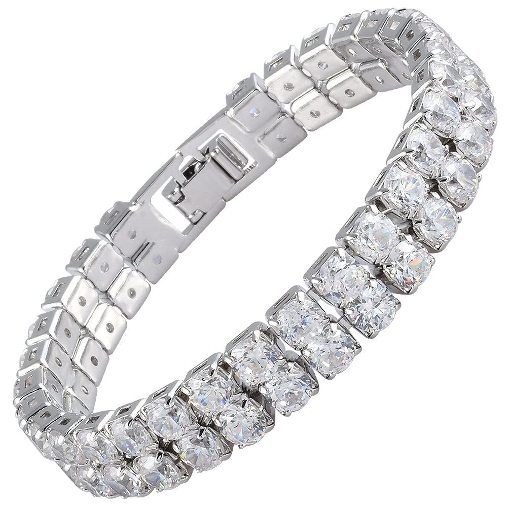 RIZILIA ICONIC White Cubic Zirconia Tennis Bracelet, 18K Gold or White Gold Plated, Multiple Row Designs, 7-Inch