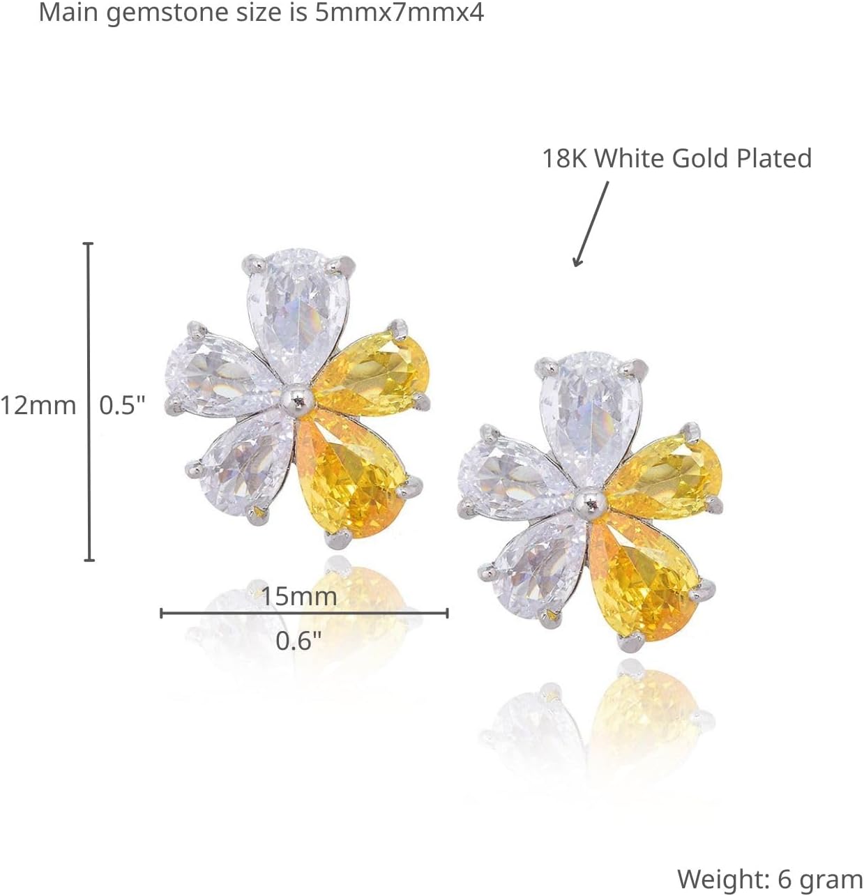 RIZILIA BLOSSOM 18K White Gold Plated Flower Earrings for Women, Pear Cut CZ [Simulated Yellow Citrine] Floral Stud Earrings, Trendy Jewelry Gift for Women Mom