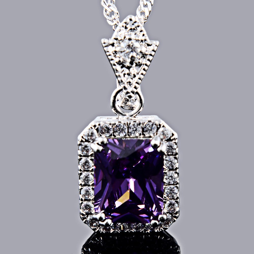 RIZILIA Pendant with 18" Chain & Rectangular Cut CZ [6 Colors available] in White Gold Plated, Simple Modern Elegant