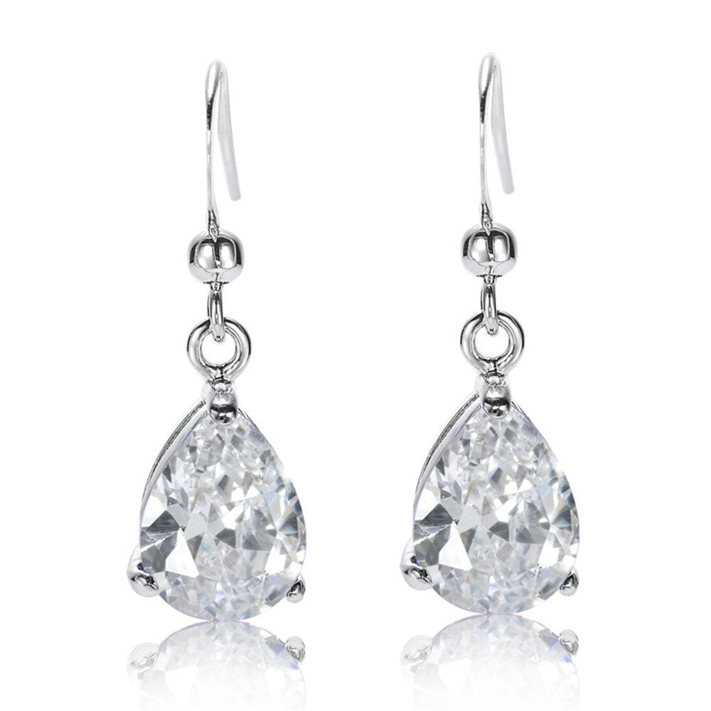 RIZILIA Dangle Drop Pierced Earrings with Pear Cut CZ [7 Colors available] in White Gold Plated, Simple Modern Elegant