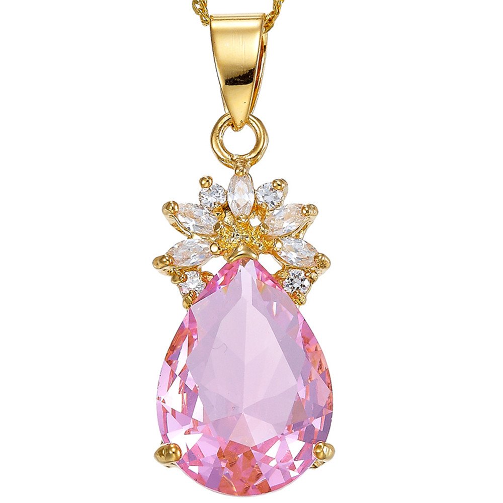 RIZILIA Pendant with 18" Chain & Pear Cut CZ [5 Colors available] in Yellow Gold Plated, Simple Modern Elegant