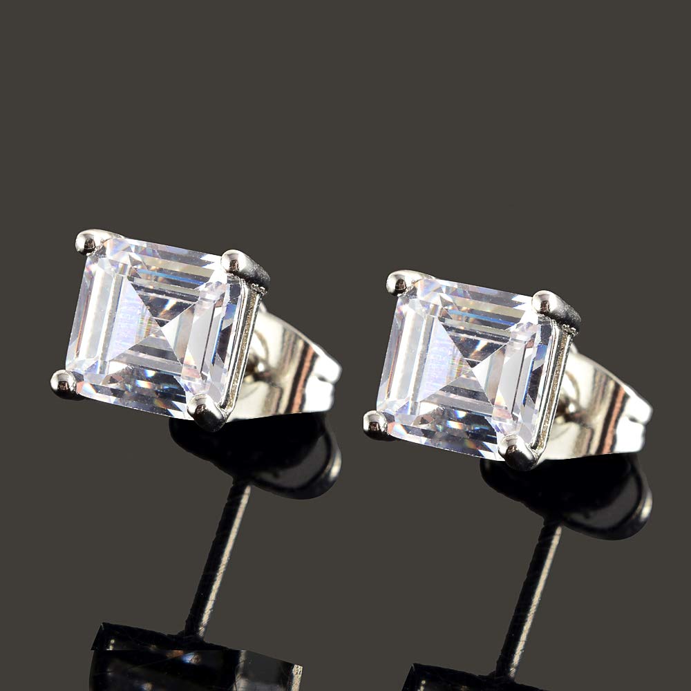 [RIZILIA CLASSIC] Stud Pierced Earrings with Square Emerald Cut Gemstones CZ [Multi-Colors available] in 18K White Gold Plated, Simple Modern Elegant