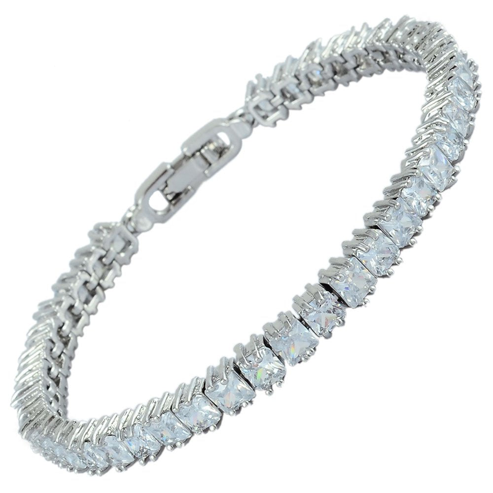 RIZILIA [Ice Cube] Princess Cut Multi-Color CZ 18K White Gold Plated Tennis Bracelet, 7"