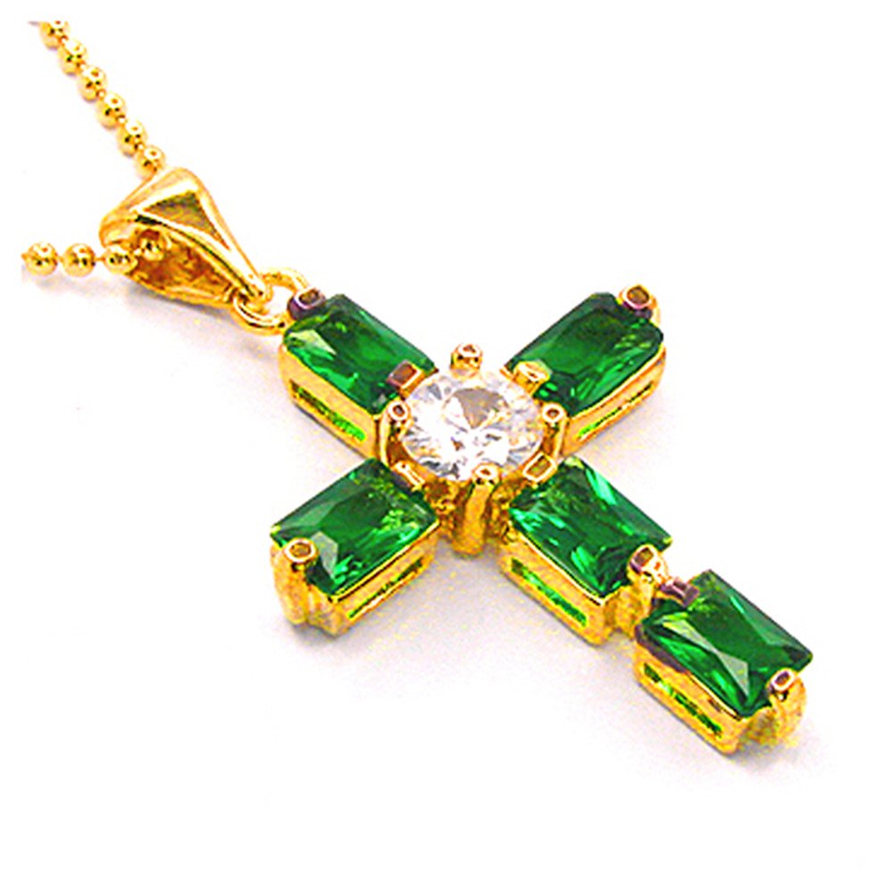 RIZILIA Cross Pendant with 18" Chain & Rectangular Cut CZ [6 Colors available] in Yellow Gold Plated, Simple Modern Elegant