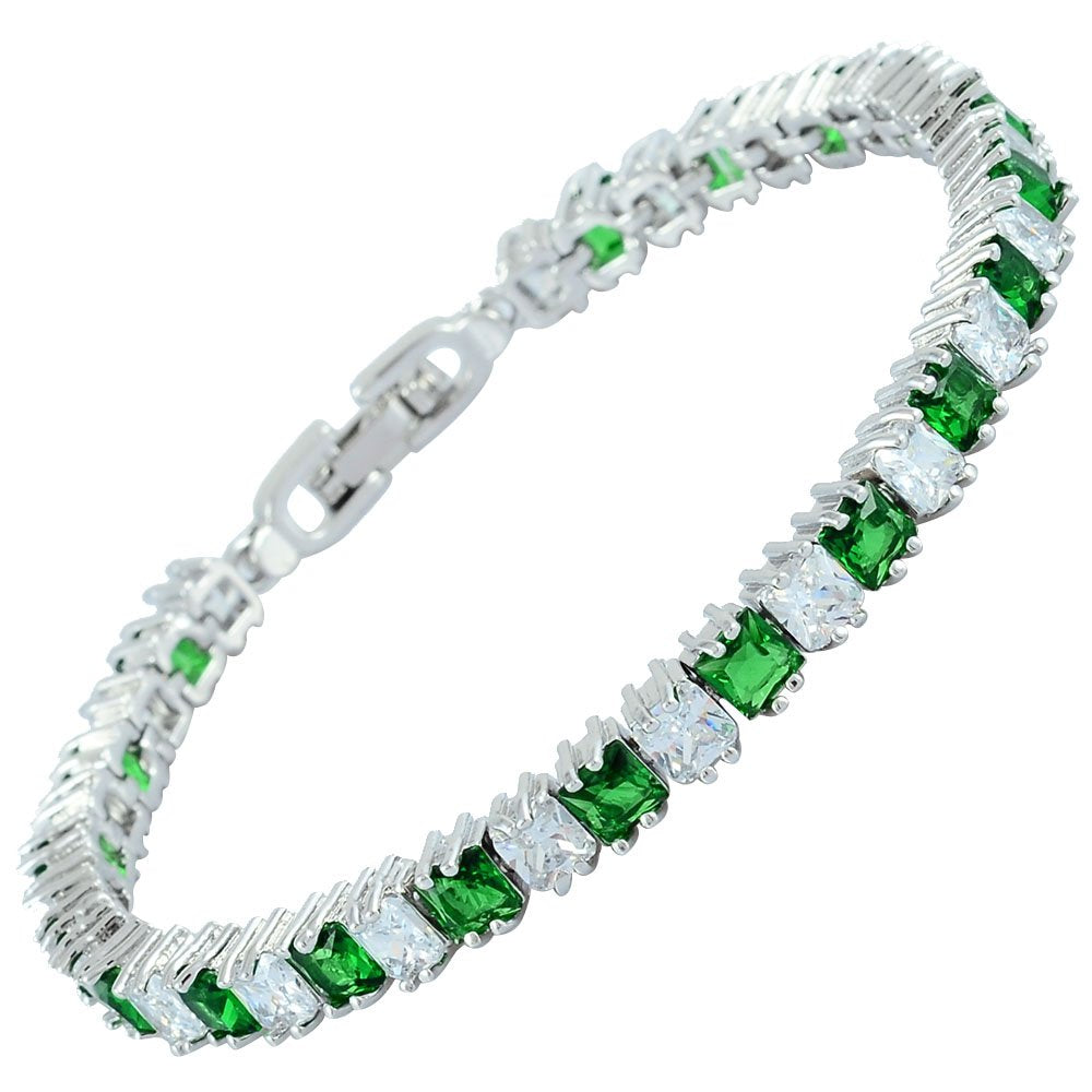 RIZILIA [Ice Cube] Princess Cut Multi-Color CZ 18K White Gold Plated Tennis Bracelet, 7"
