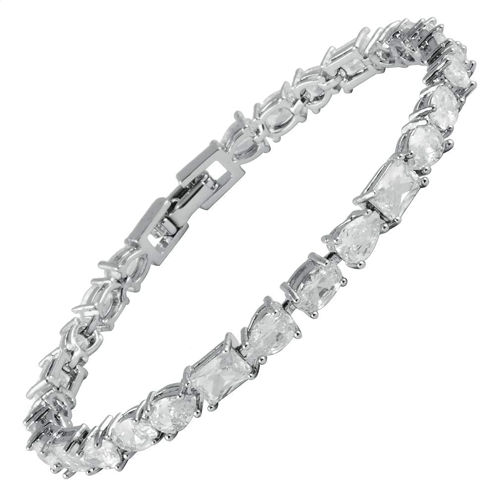 RIZILIA Emerald&Oval&Pear Cut White Cubic Zirconia CZ 18K White Gold Plated Tennis Bracelet, 7"