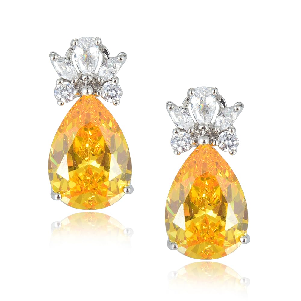 RIZILIA Teardrop Stud Pierced Earrings with Pear Cut CZ [5 Colors available] in White Gold Plated, Simple Modern Elegant