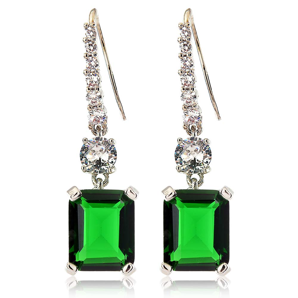 [RIZILIA CLASSIC] Dangle Drop Pierced Swan Hook Earrings with Emerald Cut Gemstones CZ [Multi-Colors available] in 18K White Gold Plated, Simple Modern Elegant