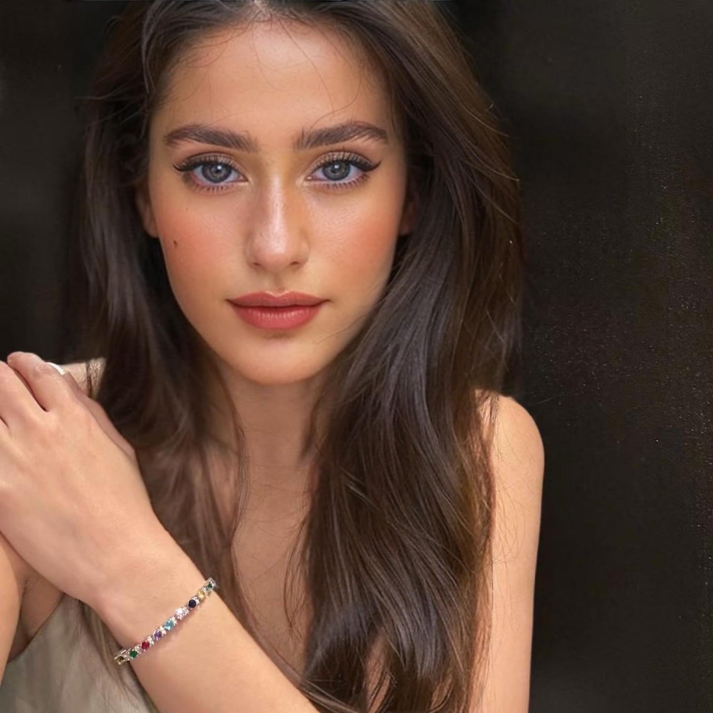 RIZILIA Round Multi-Color CZ Birthstone White Gold Plated Tennis Bracelet, 7"