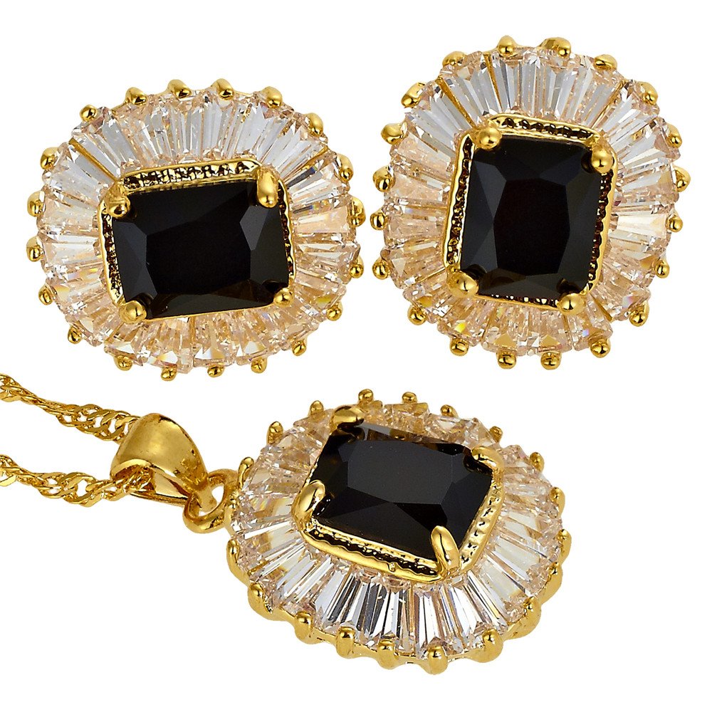 RIZILIA Jewelry Set Pendant with 18" Chain & Stud Earrings Rectangular Cut CZ [5 Colours available] in Yellow Gold Plated, Simple Modern Elegant