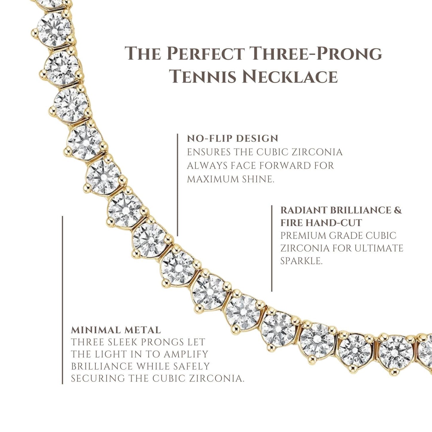 RIZILIA Not-Your-Basic 3mm No-Flip Tennis Necklace for Women - Round Brilliant Cut Gemstone CZ in Black Pink White, 14K Gold Plated, Adjustable 14-18 Inch (Choker, Collar, Princess), Gift Boxed