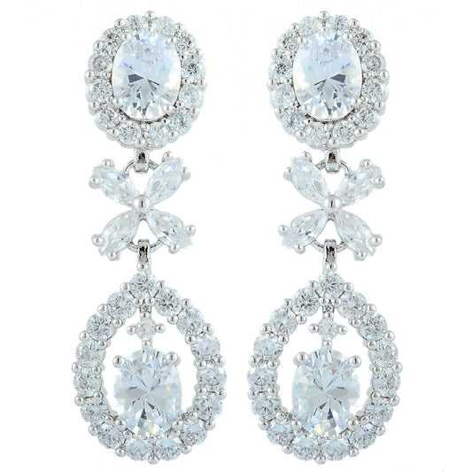 [RIZILIA BLOSSOM] Dangle Drop Pierced Earrings with Oval Cut CZ [3 Colors available] in White Gold Plated, Simple Modern Elegant