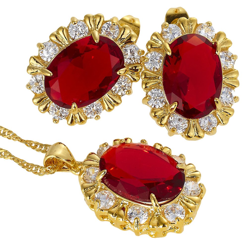 RIZILIA BLOSSOM Jewelry Set Pendant with 18" Chain & Stud Earrings Oval Cut CZ [3 Colors available] in Yellow Gold Plated, Simple Modern Elegant