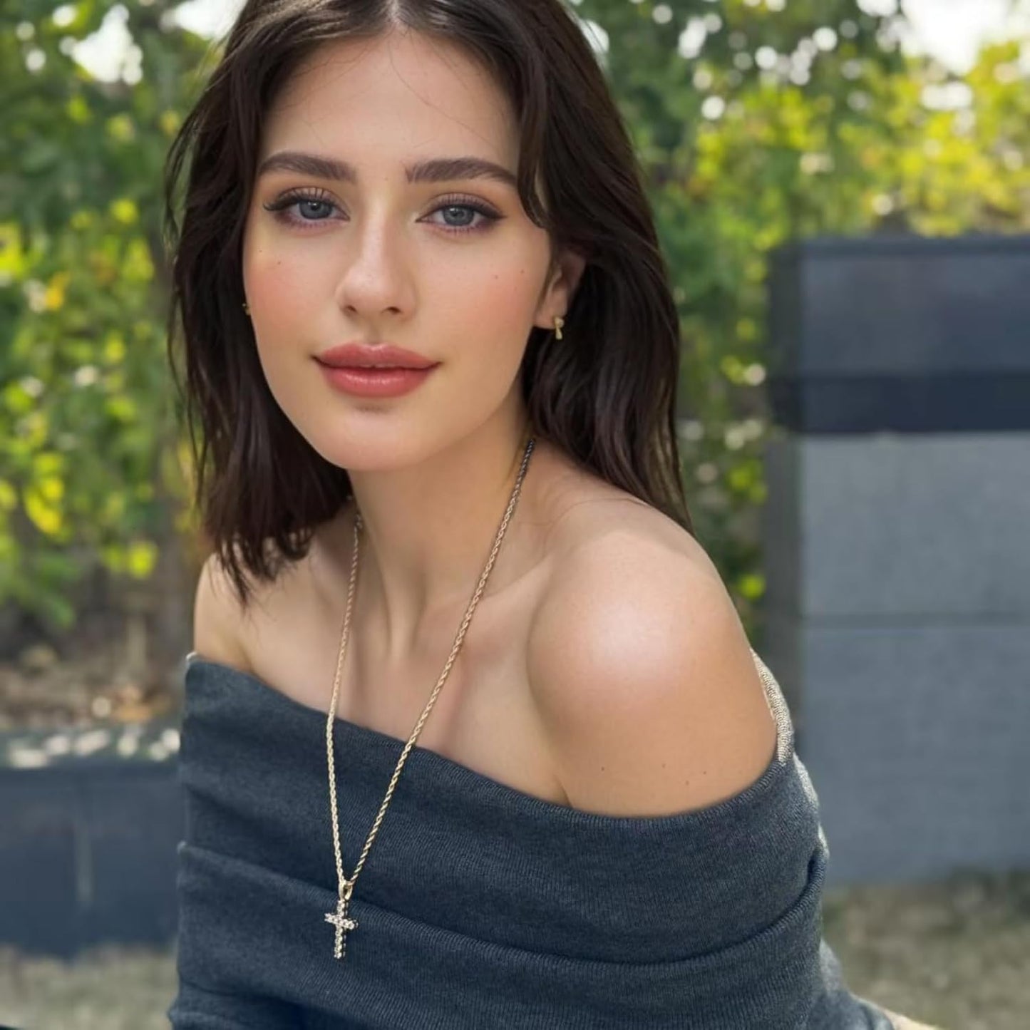 RIZILIA 18K Yellow Gold Plated Women's Cross Necklace, Round Cut CZ [Simulated White Topaz] Cross Pendant Necklace for Women with 24" Long Rope Chain, Trendy Jewelry Gift for Women