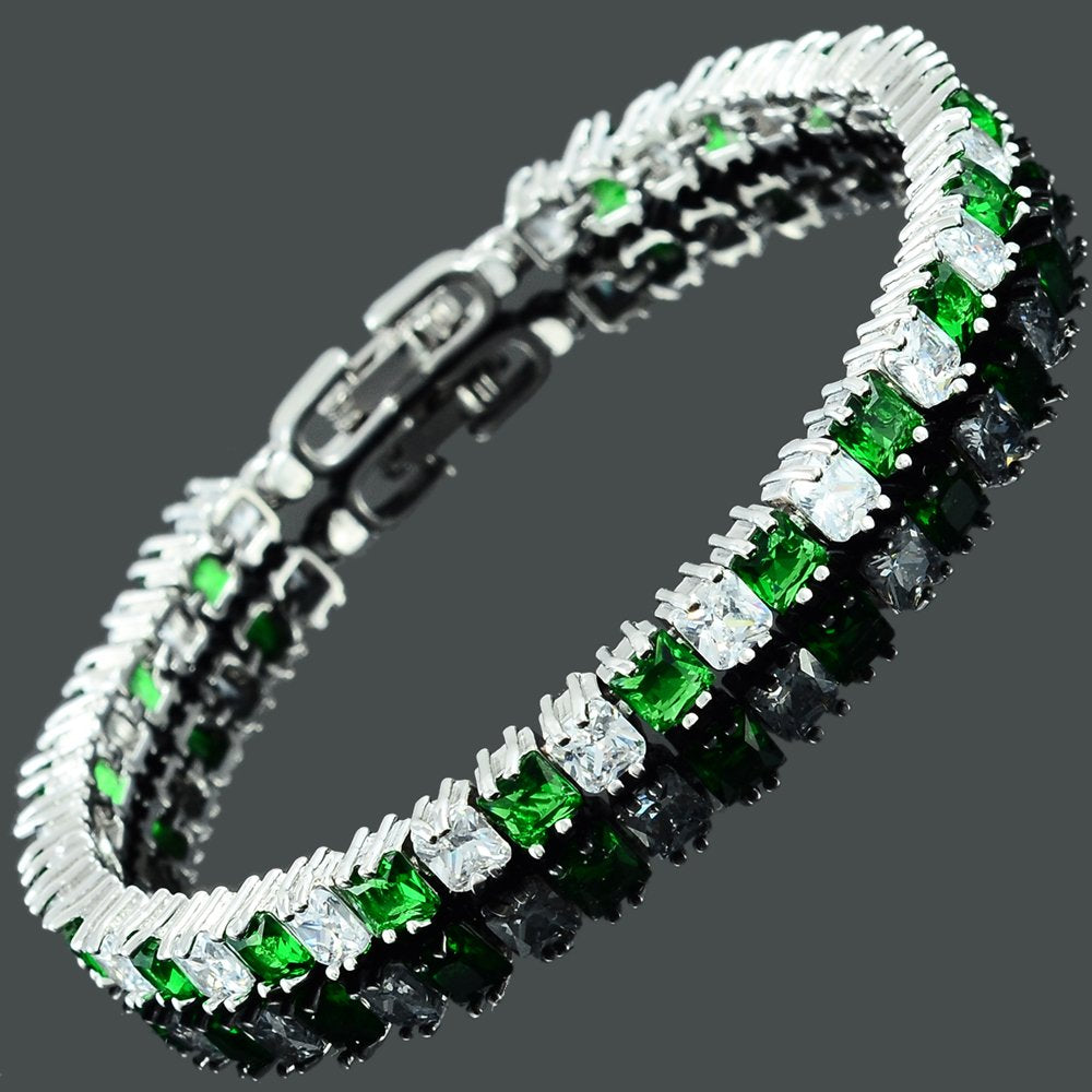 RIZILIA [Ice Cube] Princess Cut Multi-Color CZ 18K White Gold Plated Tennis Bracelet, 7"