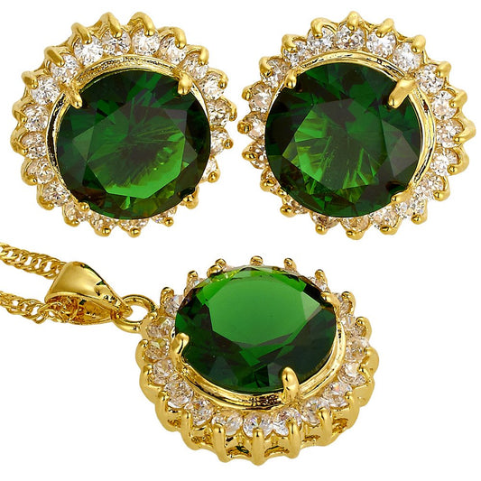 RIZILIA BLOSSOM Jewelry Set Pendant with 18" Chain & Stud Earrings Round Cut CZ [5 Colours available] in Yellow Gold Plated, Simple Modern Elegant