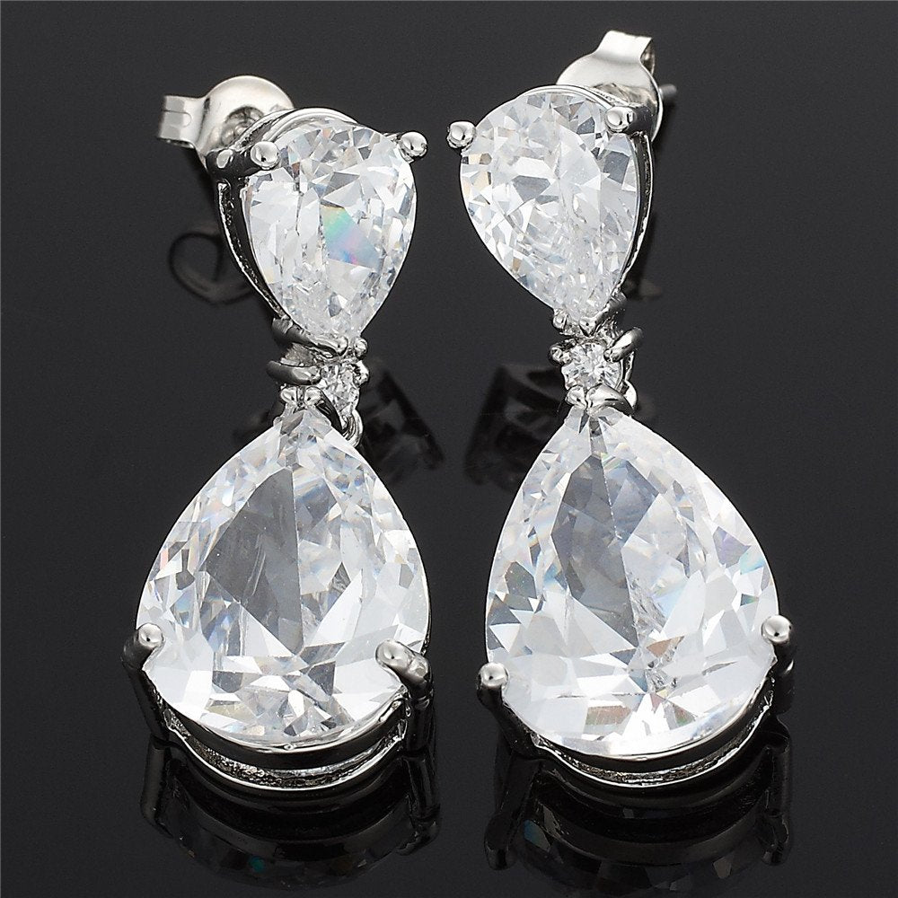 [RIZILIA CELEBOX] Teardrop Dangle Pierced Earrings with Pear Cut CZ [9 Colors available] in White Gold Plated, Celebrity inspired by Angelina Jolie