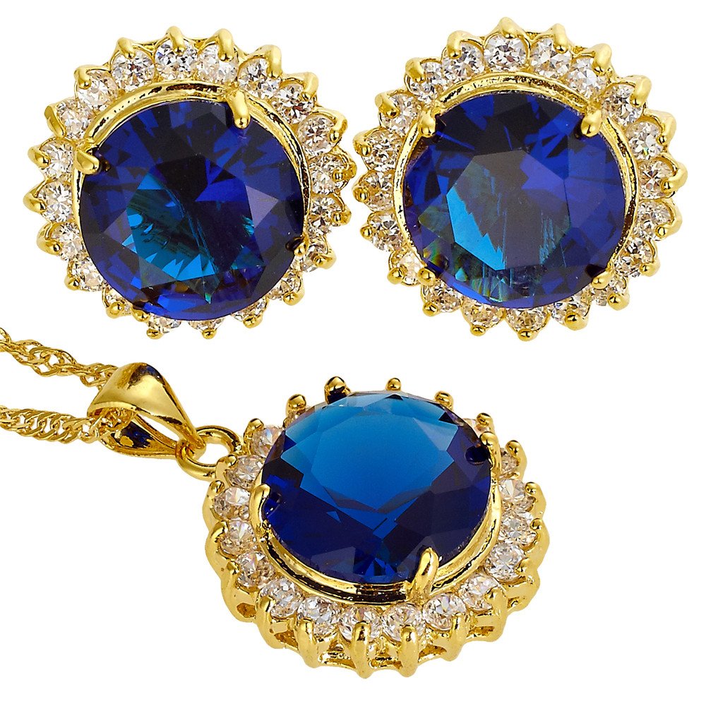 RIZILIA BLOSSOM Jewelry Set Pendant with 18" Chain & Stud Earrings Round Cut CZ [5 Colours available] in Yellow Gold Plated, Simple Modern Elegant