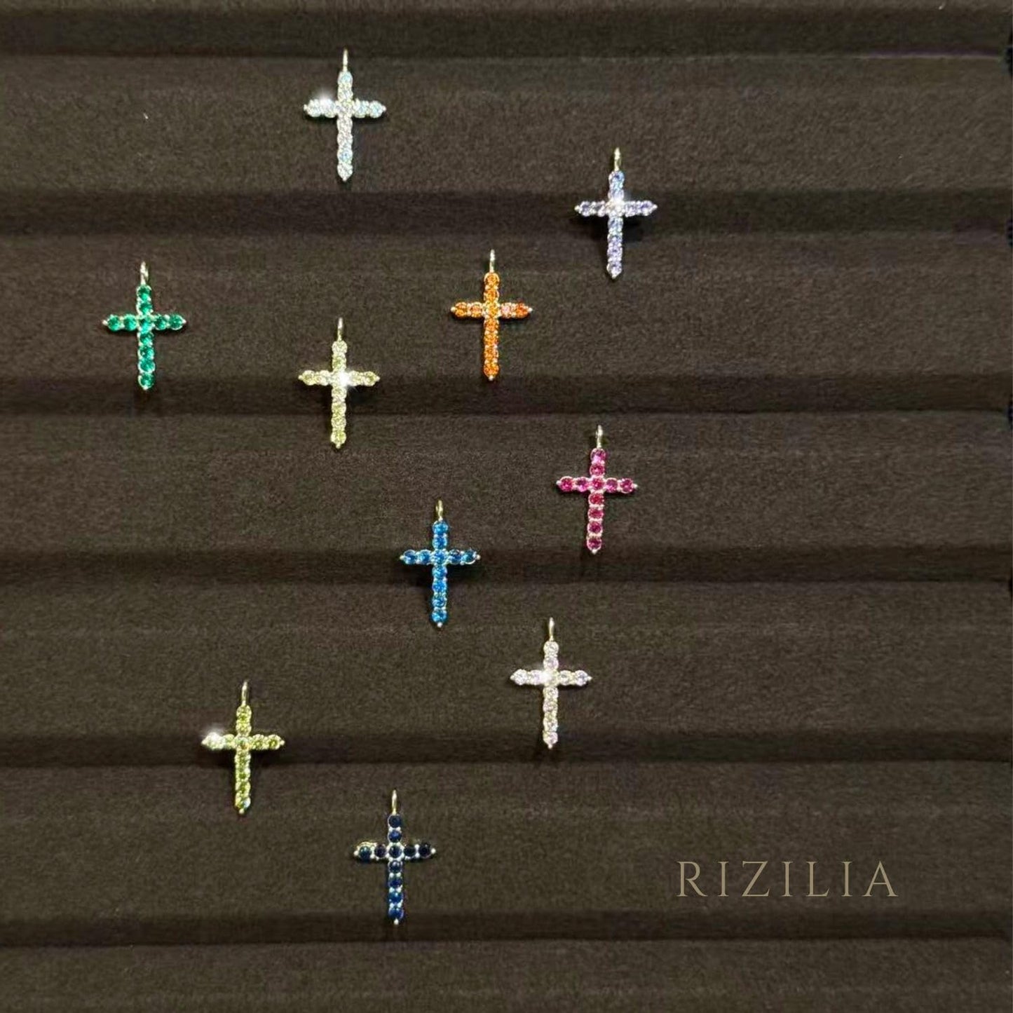 RIZILIA Not-Your-Basic Minimalist Cross Necklace for Petite Women - 14K Gold Plated Dainty Faith Birthstone Pendant - Round Cut CZ in Multi Colors, 18" Chain 0.625" Charm, Gift Boxed