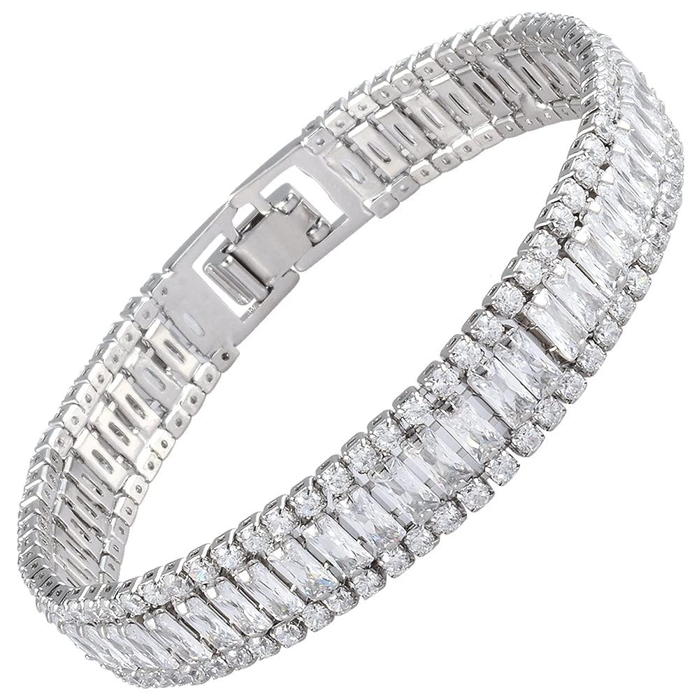RIZILIA ICONIC White Cubic Zirconia Tennis Bracelet, 18K Gold or White Gold Plated, Multiple Row Designs, 7-Inch
