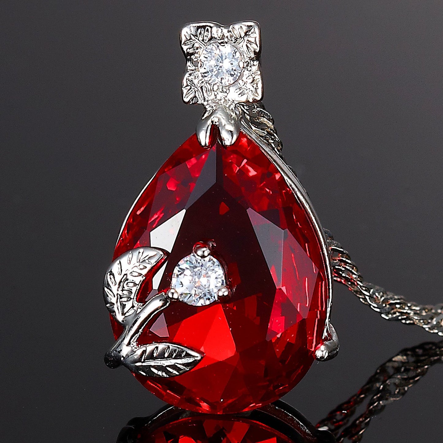 RIZILIA BLOSSOM Pendant with 18" Chain & Pear Cut CZ [5 Colors available] in White Gold Plated, Simple Modern Elegant