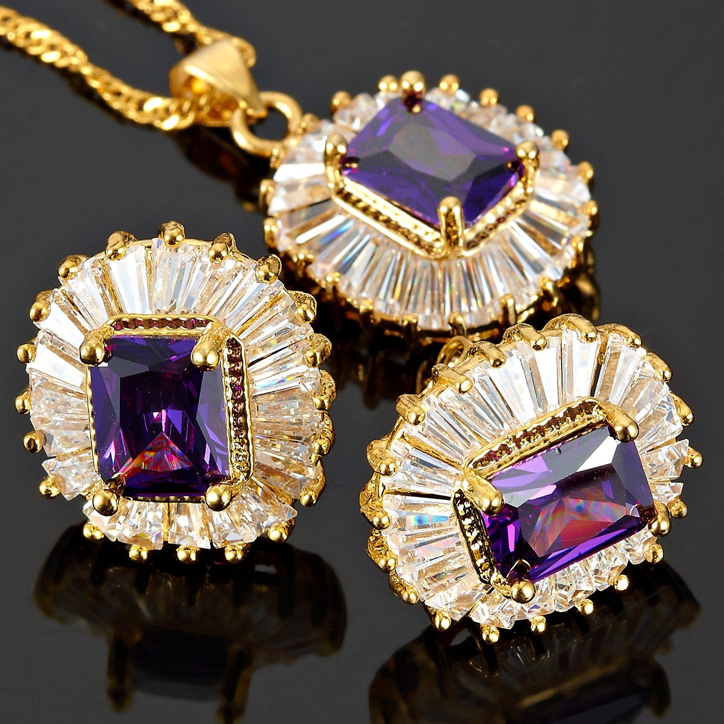 RIZILIA Jewelry Set Pendant with 18" Chain & Stud Earrings Rectangular Cut CZ [5 Colours available] in Yellow Gold Plated, Simple Modern Elegant