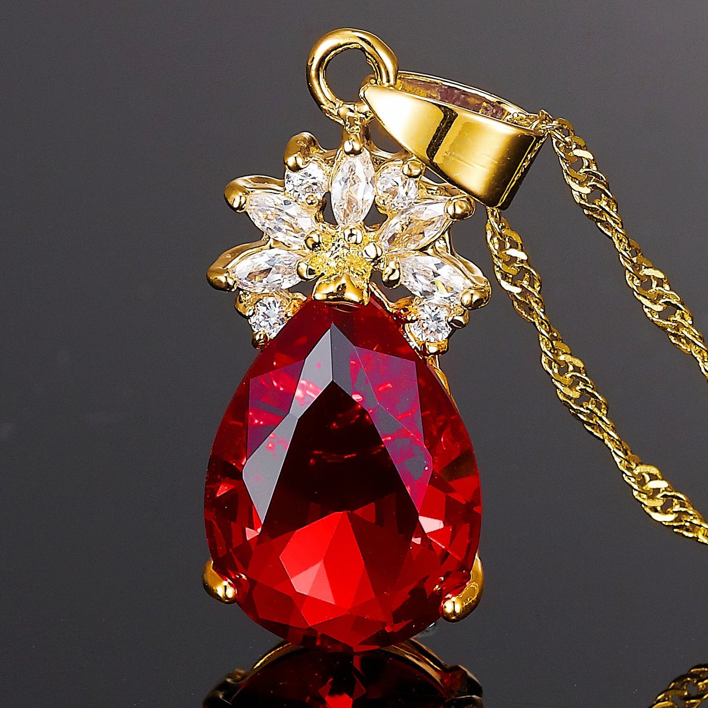 RIZILIA Pendant with 18" Chain & Pear Cut CZ [5 Colors available] in Yellow Gold Plated, Simple Modern Elegant