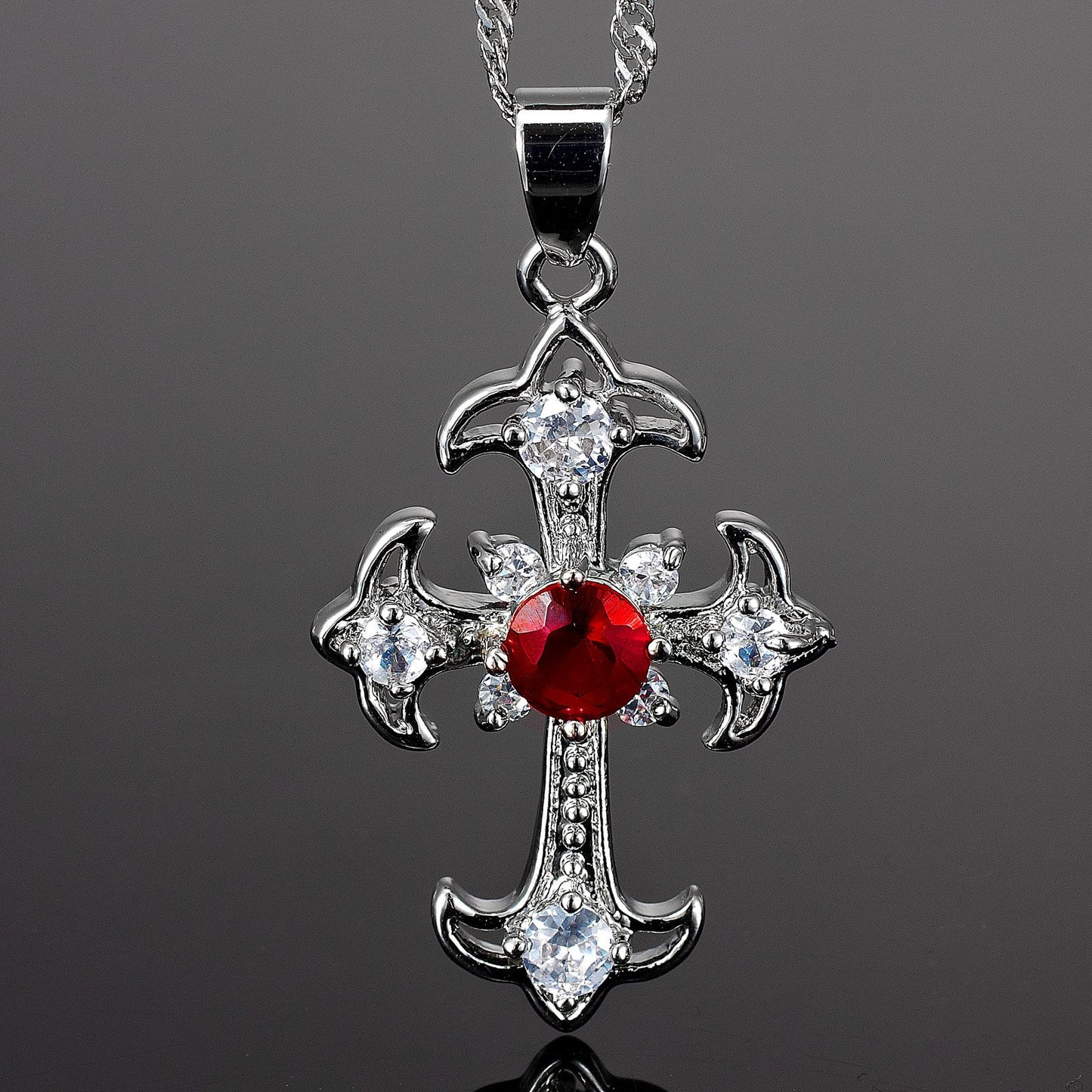 RIZILIA Cross Pendant with 18" Chain & Round Cut CZ [5 Colors available] in White Gold Plated, Simple Modern Elegant