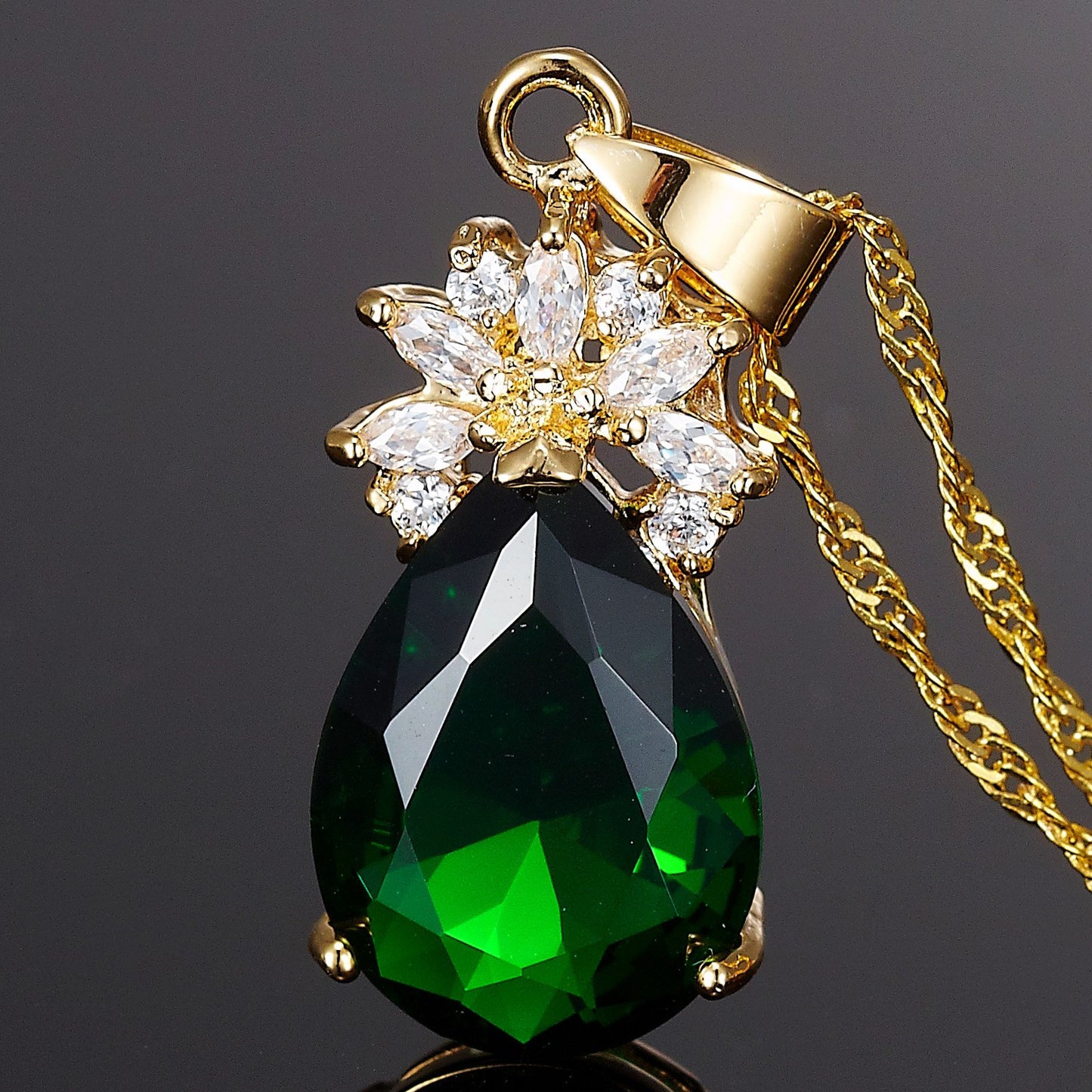 RIZILIA Pendant with 18" Chain & Pear Cut CZ [5 Colors available] in Yellow Gold Plated, Simple Modern Elegant